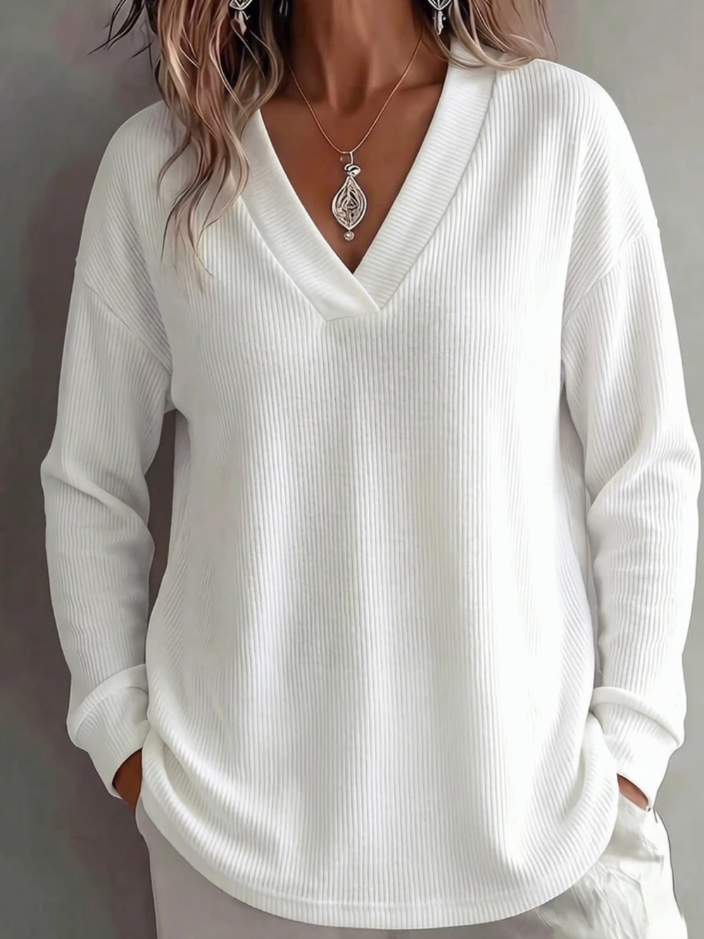 White V-Neck Women's Long Sleeve Top